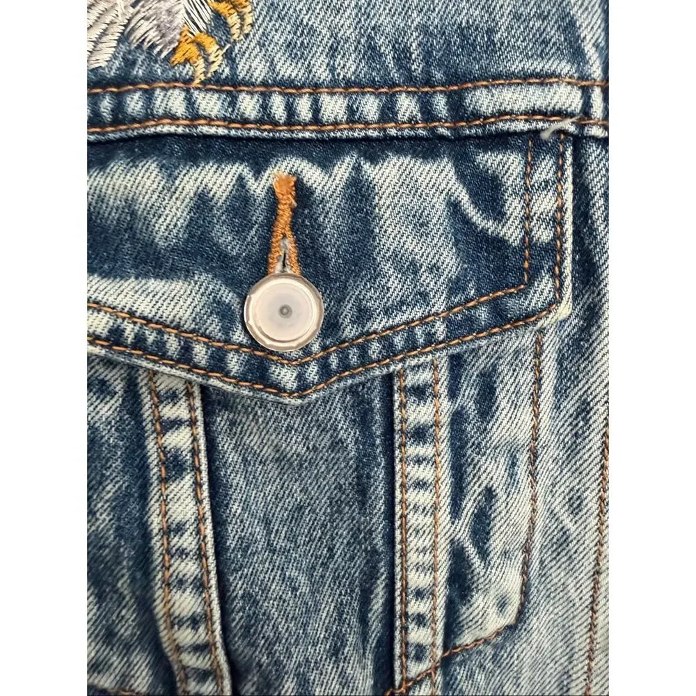 Pam & Gela Statement Embroidered Denim Jacket Vintage Blue Size S - Picture 8 of 12